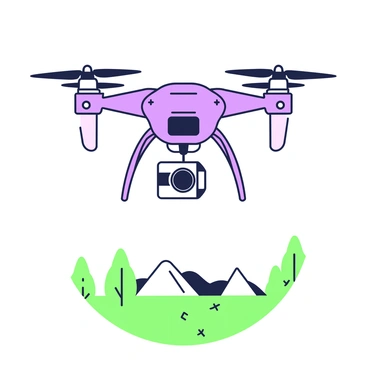 A drone is hovering in mid-air, showcasing its sleek design. It features four propellers and a compact body. Attached to the bottom of the drone is a gimbal stabilizer that holds a camera in place. The camera is facing downward, ready to capture images. Below the drone, a landscape with varied terrain is visible, including a field and a few trees. The presence of the gimbal stabilizer emphasizes the drone's capability for smooth camera movement.