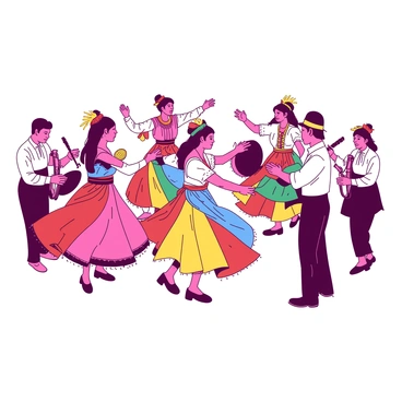A vibrant scene features performers engaged in a traditional dance. Each dancer is adorned in "colorful costumes" that reflect intricate patterns and bright hues. The costumes include flowing skirts and embellished tops, creating a dynamic display with every movement. Surrounding the dancers are "musicians" playing various instruments, adding to the lively atmosphere of the performance. The dancers are positioned in a circle, capturing the essence of community and celebration. The background consists of "decorative elements" that enhance the cultural richness of the event.
