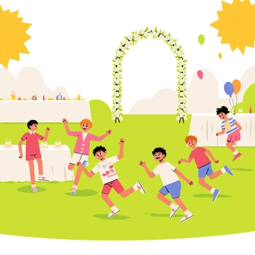 A group of children playing on a vibrant green grassy area during an outdoor wedding reception. The children are laughing and chasing each other, with a mix of boys and girls wearing colorful summer outfits. In the background, there are elegantly decorated tables with white tablecloths and floral centerpieces. A large wedding arch adorned with white flowers is visible, while balloons float gently in the breeze. The sun casts a warm glow over the scene, creating a cheerful atmosphere.