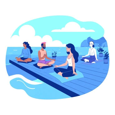 A blue deck extends over the edge of a serene ocean, with gentle waves lapping at the sides. Several individuals of varying ages and backgrounds are seated in a meditative pose. Each person is dressed in comfortable, flowing yoga attire. The scene captures a light breeze that subtly moves their hair and clothing. The sky is a mixture of soft blue and white, hinting at a clear day. The deck is adorned with a few potted plants that add a touch of green to the tranquil setting. One person is positioned at the forefront, with a slight smile, eyes closed, embodying a deep sense of calm.