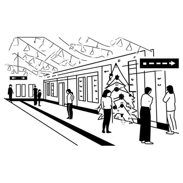 A subway station with tiled walls and a tiled floor is filled with holiday decorations. Strings of lights are hanging from the ceiling, illuminating the space with a bright glow. Festive garlands are draped along the walls and around the columns, adding to the celebratory atmosphere. A large Christmas tree stands in one corner, adorned with ornaments and more lights. People are standing on the platform, some waiting for the train and others admiring the decorations. The signage in the station is clear and visible, indicating the train lines and directions.