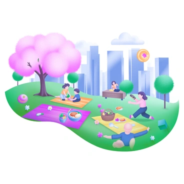 A vibrant city park filled with families enjoying a picnic. There are colorful picnic blankets spread out on the grass, with baskets of food and drinks on them. Children are playing with a frisbee nearby, while some families relax on benches under blooming trees. In the background, there are tall buildings, showcasing the urban environment. The sky is clear with a few fluffy clouds. Various flowers add splashes of color throughout the park, enhancing the lively atmosphere.