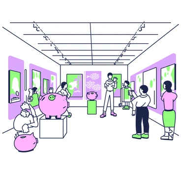 A whimsical art exhibition takes place in a spacious gallery filled with light. Various sculptures of piggy banks are displayed on pedestals throughout the room. Each piggy bank features unique designs and textures, showcasing a variety of artistic interpretations. Some have intricate patterns carved into their surfaces, while others are painted with bold shapes. In the center of the room, a large piggy bank sculpture stands out, embellished with vivid accessories. Visitors can be seen admiring the artwork, pointing and discussing the details of each piece. The walls of the gallery are adorned with colorful paintings that complement the sculptures, creating a lively atmosphere.