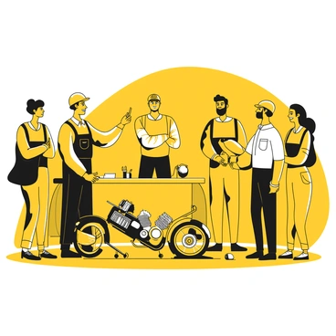 A mechanic standing in front of a group of customers, dressed in a yellow work shirt and black pants, demonstrating motorcycle maintenance tips. The mechanic is holding a motorcycle tool in one hand while pointing to a disassembled motorcycle engine with the other hand. The customers, a mix of men and women of various ages, are attentively listening and taking notes. Some customers are wearing casual clothing, while others are equipped with helmets. Tools and spare parts are visible on a table beside the motorcycle, creating a workshop atmosphere.