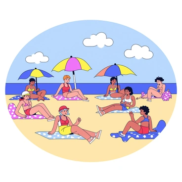 A beach scene from the 1960s with people in vintage swimsuits and colorful umbrellas