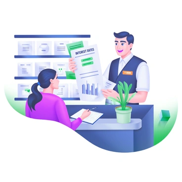 A modern pastel illustration depicting a friendly bank teller standing behind a counter, smiling as they explain interest rates. The teller is wearing a professional outfit with a name tag and holding a brochure featuring graphs and numbers. In front of the counter stands a curious customer, who appears engaged and interested, leaning slightly forward with a notepad and pen in hand. The background features shelves with financial literature and a decorative plant on the counter for a welcoming atmosphere.