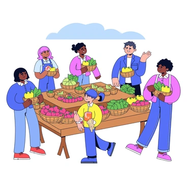 A vibrant farmer's market filled with fresh fruits and vegetables displayed on wooden tables. There are various baskets filled with bright red tomatoes, green cucumbers, yellow bell peppers, and bunches of leafy greens. Shoppers of diverse backgrounds are seen filling their baskets with colorful produce. Some are engaged in conversations, while others compare prices. Above the market, a bright blue sky can be seen, adding to the lively atmosphere.