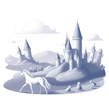 A vast landscape featuring several castles with tall, pointed towers and intricate architectural details. The castles are positioned on rolling hills, surrounded by lush greenery and whimsical trees. In the foreground, a unicorn with a spiraled horn stands majestically, its mane flowing in a gentle breeze. Various whimsical creatures can be seen frolicking around, including small, playful fairies and peculiar animals with exaggerated features. The sky is filled with soft, fluffy clouds, adding to the dreamy atmosphere of the scene.