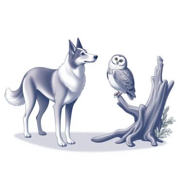 A borzoi dog with a long, slender body and elegant features stands with its head tilted slightly, curiously observing an owl. The owl is perched on a nearby branch, its round face and wide eyes focused intently on the borzoi. The background includes rugged tree bark and scattered leaves, enhancing the natural setting. The borzoi's coat is flowing, displaying its graceful posture, while the owl's feathers are detailed and textured, showcasing its distinctive markings. The scene captures a moment of intrigue and stillness in nature.