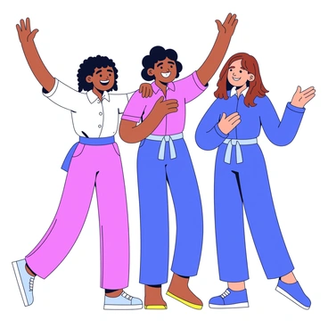 A group of three practitioners standing closely together, each wearing simple training outfits in vibrant colors. One practitioner with short black hair raises their arms triumphantly, showcasing a big smile. Another practitioner with long brown hair gives a thumbs-up, while the third practitioner with curly hair claps their hands excitedly. They are surrounded by a minimalistic background that emphasizes their supportive interaction.