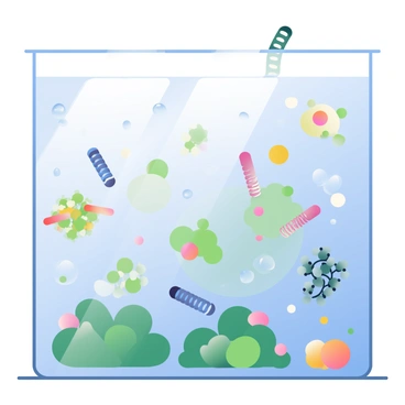An illustration showing microscopic view of microbes treating water in a tank