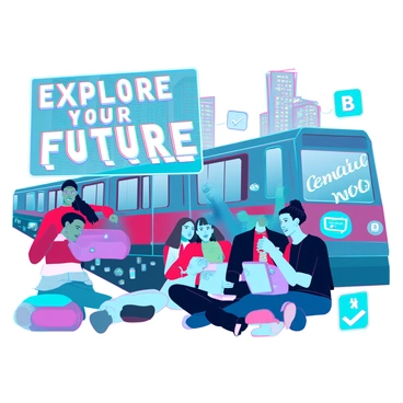 A vibrant subway advertisement promoting university programs and courses. The background features a dynamic cityscape with a futuristic subway train passing by. There are large, bold text blocks in the image that say "Explore Your Future" and "Enroll Now!" in eye-catching fonts. Various students of diverse backgrounds are depicted engaging with technology, such as tablets and laptops, while studying together. Graphical icons representing different fields of study, such as science, arts, and technology, are scattered around the advertisement. The overall color scheme is bright and appealing, drawing attention to the educational opportunities being promoted.