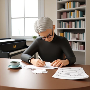 A composer, wearing a black turtleneck and glasses, sits at an elegant wooden desk in a quiet room. He is focused on writing music notes with a pen on a sheet of lined music paper. The room is softly lit, with a large window allowing natural light to filter in. Bookshelves filled with musical scores and literature line the walls, while a grand piano stands in the corner. A cup of coffee sits beside the composer, and a few crumpled sheets of music are scattered across the desk. The atmosphere conveys deep concentration and creativity.