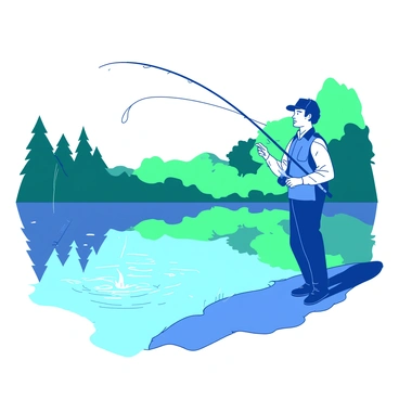 A fisherman dressed in a blue fishing vest stands on the edge of a serene lake, casting his line into the water. The lake is surrounded by lush green trees, and the reflection of the trees creates a beautiful pattern on the surface of the calm water. The fisherman is focused, with a determined look on his face, as he watches the line fly through the air. In the background, there are small ripples forming on the water where the line splashes down, creating a sense of tranquility in the scene.