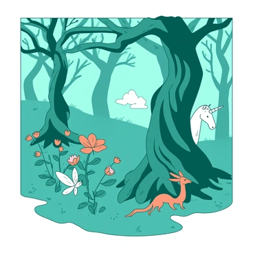 A teal enchanted forest filled with twisted trees, their gnarled branches intertwining overhead. Among the trees, various magical creatures are peeking out from behind the trunks. A small white fairy with shimmering wings flutters near a vibrant orange flower. In the distance, a white unicorn can be seen partially hidden by the foliage, its horn glinting in the soft light filtering through the leaves. A curious orange dragon, small in size, peeks out from behind a thick, twisted tree trunk, watching the scene unfold.