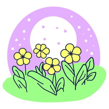 A field filled with evening primroses is illuminated by a large, full moon. The primroses have delicate yellow petals that open to reveal their intricate centers. The moon casts a soft glow over the scene, creating gentle shadows on the ground. In the background, the sky is dotted with twinkling stars that add to the serene atmosphere. The leaves of the primroses are lush and green, providing a vivid contrast to the soft colors of the flowers bathed in moonlight.