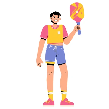 A champion player stands confidently, holding a brightly colored paddle in one hand. The player has a broad, winning smile that radiates joy and pride. They wear a sporty outfit consisting of a vibrant jersey and shorts. Their hair is styled neatly, and they are positioned against a simple background that emphasizes their triumphant stance. The paddle prominently features bold designs and colors that catch the eye.