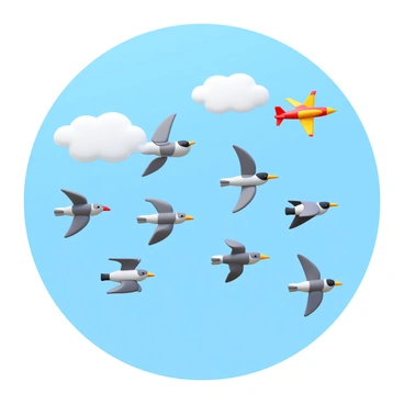 A flock of birds in mid-air, skillfully navigating a narrow space as a plane flies by. The birds are a mix of different species, including seagulls and sparrows, with their wings spread wide. The airplane, painted in bright colors, is soaring through the sky above the birds. The background features a clear blue sky dotted with a few fluffy white clouds. The scene captures the tension and precision of the birds' movements as they avoid the aircraft.