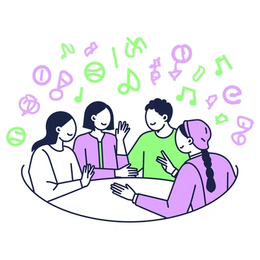 A group of five people representing different cultures is gathered in a circle, engaged in conversation. Each person has distinct features and attire reflecting their cultural backgrounds. They are smiling and using hand gestures to communicate effectively. Surrounding them are various symbols representing different languages, such as characters, alphabets, and scripts, floating in the air. The symbols include Chinese characters, Arabic script, Latin letters, and others, creating a vibrant atmosphere of understanding and connection.