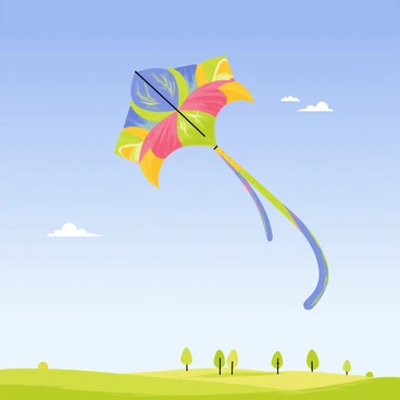 A colorful stingray-shaped kite soaring high in a clear blue sky. The kite features vibrant colors with shades of blue, green, yellow, and red forming intricate patterns across its surface. Several long, flowing tails extend from the back of the kite, dancing in the wind. Below the kite, a distant green landscape is visible, dotted with small trees and a few fluffy white clouds scattered across the sky. The sunlight casts a warm glow, enhancing the vivid colors of the kite and the bright blue of the sky.