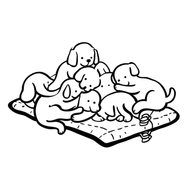 A pile of "adorable goldendoodle puppies" snuggling together on a "cozy blanket." The blanket has a textured pattern and is spread out on a flat surface. The puppies are in various poses, some with their bodies intertwined, while others are resting with their paws on one another. There are a few toys scattered around the puppies, adding to the playful atmosphere. The overall composition captures the warmth and comfort of the scene.