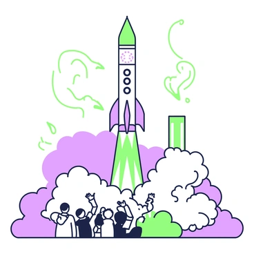 A rocket is positioned on a launch pad, ready for takeoff. The rocket is tall and sleek, with detailed fins and a nose cone. As the countdown reaches zero, flames and smoke erupt from the base, illustrating gas expanding and pressure release in a dynamic display. The smoke billows upward, curling and twisting in intricate patterns against the backdrop of a bright sky. The rocket's engines emit a vibrant glow, emphasizing the power of the launch. In the foreground, a crowd of spectators watches in anticipation, with some raising their hands in excitement.