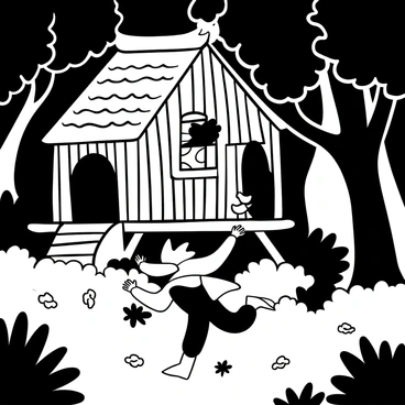 A brave hero with a determined stance is seen leaping away from a crooked, wooden hut in a dense, dark forest. The hut, with its chicken leg supports, has a thatched roof and emits a faint glow from the windows. Inside, "Baba Yaga" is depicted peering out through one of the windows, her silhouette outlined against the warm light. The hero is dressed in rugged attire, with a cloak billowing behind as he moves swiftly through the underbrush, with leaves and branches scattering around him. The atmosphere conveys a sense of urgency and danger.
