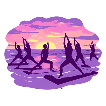 A group of individuals is engaged in a yoga session on a beach during sunset. The participants are in various yoga poses, showcasing different shapes and forms. The sky is filled with vibrant colors as the sun sets on the horizon. The silhouettes of the participants are framed against the colorful sky, creating a striking contrast with the beach setting. The calm waves are gently lapping at the shore, adding a sense of tranquility to the scene.