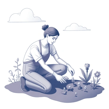 A gardener kneels in a garden bed, carefully placing small seedlings into the rich soil. The gardener is wearing gloves and using a trowel, demonstrating a sense of focus and dedication. Surrounding the gardener are various plants and flowers, indicating a well-tended garden. Above, the sky is bright and clear, enhancing the overall scene. There are gentle wisps of clouds, adding depth to the sky without overwhelming the visual.