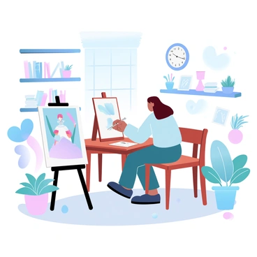 An illustrator is seated at a wooden desk, focused on drawing on a large sheet of paper. The studio is warm and inviting, with shelves filled with various art supplies such as colored pencils, paints, and sketchbooks. A soft light from a nearby window illuminates the workspace, casting gentle shadows across the room. A completed illustration is displayed on an easel, showcasing vibrant colors and intricate details. Various plants in pots are placed around the studio, adding a touch of greenery. On the wall, there are several framed artworks and sketches, giving a glimpse of the illustrator's creative journey. A large clock hangs above, indicating the passage of time as the illustrator works diligently on their submission for the "Cheltenham Illustration Awards."