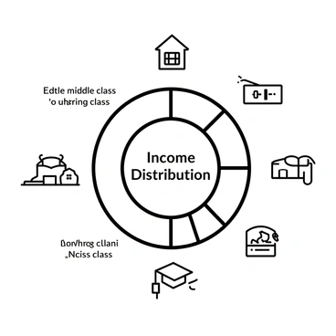 A black-and-white pie chart divided into several segments, each representing a different portion of income distribution among various segments of society. The segments are labeled with percentages indicating their share of the total income. In the center of the pie chart, there is a title that reads "Income Distribution." Surrounding the pie chart, there are small icons representing different societal segments, such as a house for the middle class, a briefcase for the working class, and a graduation cap for students.
