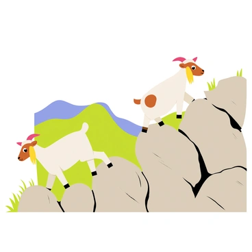 Two goats with white fur and brown patches are climbing a rocky hill in the countryside. The hill is steep and covered with uneven stones, with tufts of green grass peeking through the rocks. In the background, there are rolling hills and a clear blue sky. One goat is slightly ahead, balancing on a larger rock, while the other goat is following closely behind, looking eager to catch up.