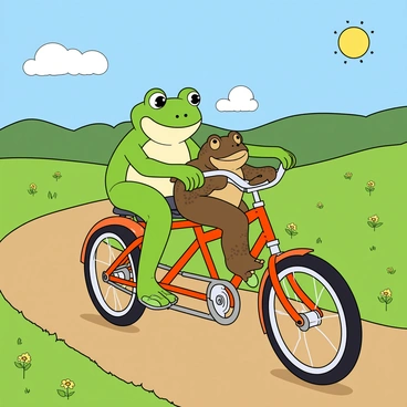 A green frog with large eyes and a bright smile is sitting at the front of a tandem bicycle, confidently steering the handlebars. Behind it, a brown toad with textured skin and a cheerful expression is sitting comfortably, holding onto the seat. The bicycle has a shiny, metallic frame and two large, colorful wheels. They are riding along a winding countryside path lined with vibrant green grass and wildflowers. In the background, there are rolling hills under a clear blue sky dotted with fluffy white clouds. The sun is shining brightly, casting playful shadows on the ground.