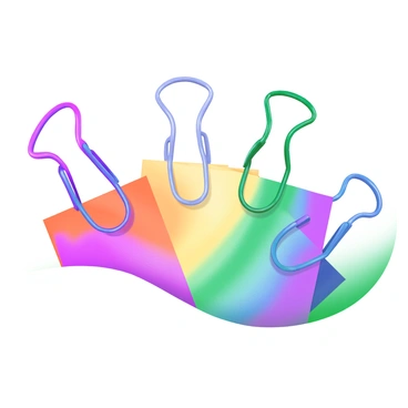 A flat lay composition featuring a collection of paper clips arranged in a rainbow gradient. The paper clips vary in color, transitioning smoothly from red to orange, yellow, green, blue, and violet. Each clip is distinct in shape, showcasing their metallic sheen as they catch the light. The arrangement is set against a crisp, white background, emphasizing the vibrant colors of the paper clips.