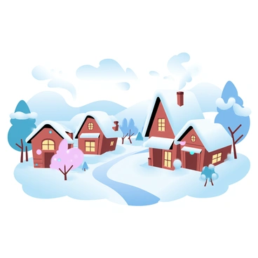 A cozy village is blanketed in freshly fallen snow. Each house has a sloped roof topped with a thick layer of white. Wisps of smoke are rising from the chimneys, curling into the crisp winter air. The streets are lined with quaint, snow-covered trees, and small pathways lead between the charming cottages. Festive decorations adorn the windows, adding a warm glow to the scene. In the distance, snow-covered hills frame the village, completing this picturesque winter landscape.