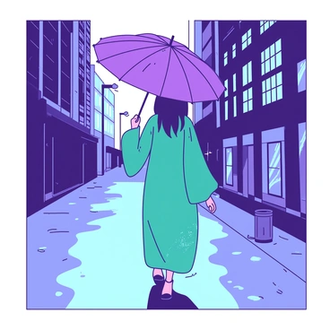 A teal Shugao figure is walking down a wet city street while holding a purple umbrella. The figure is adorned in traditional clothing, with intricate patterns visible on the fabric. Raindrops can be seen falling around, creating small splashes on the pavement. Glimmering reflections of streetlights shimmer on the glossy surface of the street. Tall buildings line either side of the street, their windows sparkling with rain. The atmosphere conveys a lively yet tranquil moment in the city.