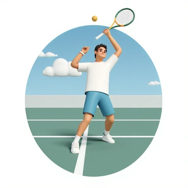 A male tennis player, wearing a white sports shirt, blue shorts, and white tennis shoes, is in the midst of serving a powerful shot. He has a focused expression on his face as he prepares to hit the ball. The tennis court is well-maintained, with a bright green surface and white lines. In the background, there are clear blue skies with a few fluffy white clouds. The sun is shining brightly, illuminating the scene and adding vibrancy to the colors. The player’s racket is raised high above his head, and the tennis ball is airborne, just about to be struck.