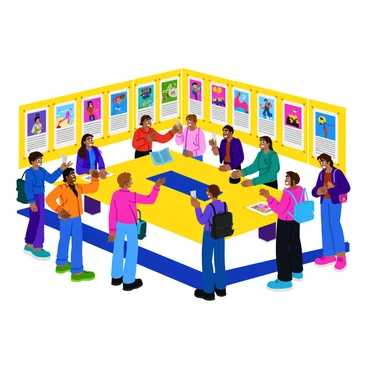 A vibrant animation festival poster competition taking place in a large, bright room filled with students. Each student is engaged in submitting their unique and colorful designs, showcasing a variety of animation styles. Posters are pinned to the walls, displaying a range of characters, scenes, and themes. Students are gathered around a central judging table, where enthusiastic judges are reviewing the entries. The atmosphere is lively, with everyone chatting and sharing ideas, surrounded by colorful decorations that highlight the creativity of the event.