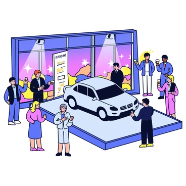 An evening car showroom event with a modern, sleek car prominently unveiled on a stage. The car has a shiny metallic finish and is illuminated by spotlights. Guests in elegant attire are mingling around the showroom, engaging in conversations. Some guests hold drinks, while others admire the new car. The showroom features large windows displaying a twilight sky, with warm lighting creating an inviting atmosphere. Stylish decorations, including banners showcasing the car's features, are arranged around the space.