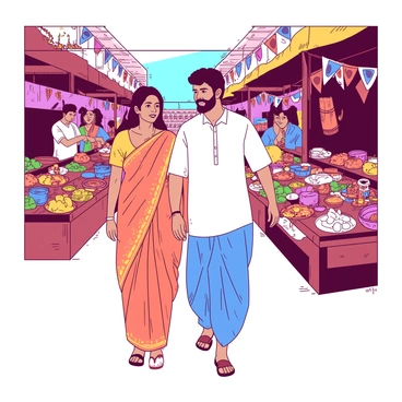 A Maharashtrian couple is walking through a vibrant street market filled with colorful stalls. The woman is wearing a traditional orange saree adorned with intricate gold patterns, while the man is dressed in a white kurta and blue dhoti. They are browsing through various stalls, which are displaying an array of fruits, vegetables, and handicrafts. The stalls are decorated with bright banners and garlands, creating a lively atmosphere. The couple is smiling as they look at a stall selling colorful bangles and handmade jewelry. In the background, there are other shoppers and vendors engaging in conversations, adding to the bustling market scene.