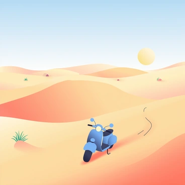 A vibrant blue moped is crossing a vast desert landscape. The sandy dunes, rippling gracefully, stretch into the horizon under a clear blue sky. The sun casts warm golden light, creating soft shadows on the dunes. Scattered tufts of dry grass dot the landscape, while a few small rocks add texture to the sandy terrain. In the distance, the moped leaves a faint trail in the sand, emphasizing its journey through this arid environment.