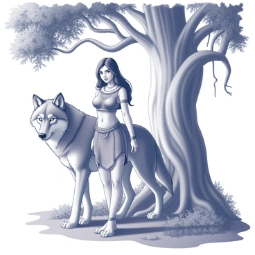 A young woman with long dark hair, wearing a tribal outfit, stands confidently beside a large wolf with a powerful stance. The wolf has thick fur and piercing eyes, showcasing its strength and loyalty. They are positioned against a backdrop of towering ancient trees with twisted roots and dense foliage. Soft rays of light filter through the canopy, illuminating the scene. The ground is covered with lush undergrowth, and a sense of harmony between the woman and the wolf is evident in their stance.