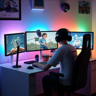 A video game streamer sits at a modern desk surrounded by multiple monitors displaying vibrant game graphics. The streamer, wearing a black headset and a graphic t-shirt, is focused on the screens. A high-quality microphone is positioned in front of them, capturing their voice. Colorful LED lights illuminate the workspace, casting a dynamic glow in shades of blue, red, and green, enhancing the energetic atmosphere of the gaming environment. The room is filled with gaming memorabilia and accessories, adding to the immersive setup.
