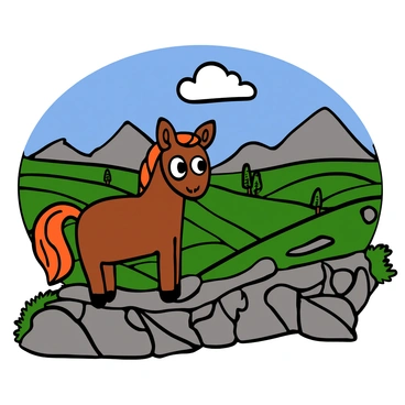 A pony with a glossy chestnut coat and a flowing mane standing on a rocky mountain trail. The pony has bright, alert eyes and its ears are perked up. In the background, the vast valley stretches out, filled with lush green fields and scattered trees. The rocky terrain is detailed with various sizes of stones and rugged patches of grass. The sky is a clear blue, with a few fluffy white clouds floating above. The sunlight casts gentle shadows, enhancing the textures of the rocky path and the pony's features.