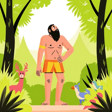 A Neanderthal standing in a vibrant green forest, with thick trees and dense foliage all around. The Neanderthal has a rugged appearance, with a weathered face and muscular build. Various wildlife can be seen nearby, including a curious deer peeking from behind a bush and colorful birds perched on branches. Sunlight filters through the leaves, casting dappled light on the scene. The Neanderthal is looking up with a contemplative expression, connecting with the natural surroundings.