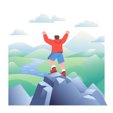 A hiker with short brown hair and wearing a red jacket is standing triumphantly on a rocky mountain peak. The hiker is facing forward with arms raised above their head in a victorious pose. Below the peak, a vast landscape stretches out, featuring rolling hills, green valleys, and a river winding through the terrain. The sky above is clear with a few white clouds scattered, creating a sense of openness and freedom. The sunlight casts soft shadows across the rocks, highlighting the rugged texture of the mountain surface.