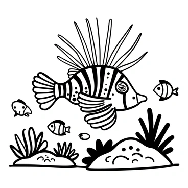 A lionfish with long, venomous spines extended prominently. The body is adorned with intricate patterns and detailed fins, showcasing the unique texture of its scales. The fish is positioned in a coral reef environment, surrounded by various coral formations and small fish swimming nearby. The scene emphasizes the lionfish’s distinctive shape and spines, creating a striking visual representation of this marine creature.