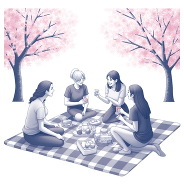 A group of friends gathered on a checkered picnic blanket spread across the grass. They are surrounded by blooming cherry blossom trees, their branches heavy with delicate pink flowers. The friends are seated and enjoying a variety of food items, such as sandwiches, fruits, and snacks, that are arranged on the blanket. One friend is holding a drink while another is laughing, creating an atmosphere of joy and camaraderie. The sunlight filters through the blossoms, casting soft shadows on the blanket. The scene conveys a sense of leisure and connection amid nature.