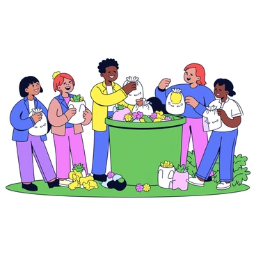 A group of residents, diverse in age and ethnicity, is gathered around a large communal compost bin. Each resident holds bags filled with organic waste such as fruit peels, vegetable scraps, and leaves. The compost bin is situated on a grassy area, surrounded by flowers and bushes. Some residents are actively adding their waste to the bin, while others are chatting and smiling, enjoying the community interaction. Bright sunlight illuminates the scene, highlighting the vibrant colors of the organic waste and the greenery around them.