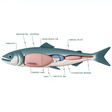 An educational diagram featuring the anatomy of a cod fish. The cod fish is depicted in side view, showcasing its elongated body and distinct features. Labelled sections include the head, operculum, dorsal fin, pectoral fin, pelvic fin, anal fin, caudal fin, and lateral line. The skin texture is detailed, showing the scales, while various internal organs are illustrated in a semi-transparent view, including the stomach, intestines, and swim bladder. Each anatomical part is clearly labeled with arrows pointing to the corresponding features for easy identification. The background is plain to emphasize the diagram elements.